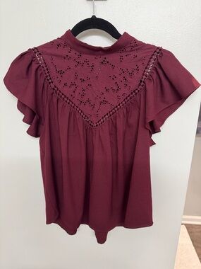 Express Burgundy Lace Yoke Flutter Sleeve Blouse